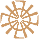 Six orange geometric patterns on gray background, each with radial symmetry and varying angular shapes, arranged in two of three