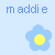 Pixelated flower icons with yellow centers appear below text reading 'm addie' in blue, pink, and purple on a light blue background.