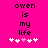 Pixelated text 'owen is my life' on bright pink background with five white and one pink heart symbols below.