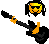 Pixel art of a yellow-skinned character with black dreadlocks and sunglasses, holding an electric guitar in various poses against a gray background.