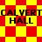 A static image with a red and yellow checkered background displaying repeated text "CALVERT HALL" in black pixelated font across two