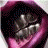 Pixelated close-up of a mouth with metallic teeth, two eyes with blue-toned skin, and cyan text reading 'be obscene baby' on black background.
