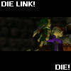 A 2x2 contact sheet of four animated frames from a pixelated game scene featuring Link and a character in purple, with repeated text overlays.