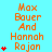 A static image displays repeated text "Max Bauer And Hannah Rajan" in orange pixelated font on a light blue background, with red heart symbols varying in quantity per