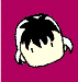 Pixelated character head with black hair and white highlights against magenta background, showing two expressions: closed eyes on left, winking mouth on right.