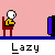 Pixel art animation of a character in yellow shirt and red pants sitting at desk with blue monitor, showing speech bubbles and actions across three