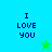 Pixelated text "I LOVE YOU" on split background with two star icons, one green and one blue.