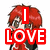 Pixelated anime-style character with red hair and black-and-red clothing appears in four with changing text overlays