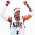 A basketball player in a white jersey with orange sleeves raises both arms, holding a basketball and wearing a headband. The lower portion shows the name 'IVERSON' and number 3 on a jersey.