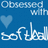 Blue background with pixelated white text reading 'Obsessed with' above a light blue heart and 'soft deal' below.