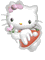 White cat with pink bow holds red heart-shaped object, green leaves and small pink flowers visible on left side.