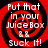 Red and black spiral background with white text reading "Put that in your JuiceBox && Suck It!" arranged vertically.