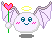 Pixelated angel icon with white body, blue eyes, pink cheeks, yellow halo, purple wings holding green stem with red heart flower.