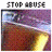Static pixel art icon with 'STOP ABUSE' text above a landscape of purple sky, brown terrain, and yellow light source.