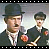 A two- of identical figures in dark suits with bowler hats and red flower pins, each holding a small object, with yellow text on black backgrounds below