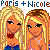 Pixel art contact sheet showing four variations of a blonde female character with orange skin wearing blue tops and accessories, under text reading "Paris + Nicole" in mixed brown and blue letters.
