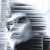 Pixelated grayscale image of a person with dark hair and closed eyes, wearing a high-collared garment against a light background.
