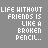 Pixelated text reads "LIFE WITHOUT FRIENDS IS LIKE A BROKEN PENCIL..." with animated color shifts and heart symbols, followed by "COMPLETELY [POINTLESS]" with floating hearts.