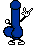 Blue pixelated figure with rounded head and bulbous body makes rock gesture, white shoes on feet.