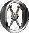 Three vertical of metallic rings with a central figure holding crossed tools, each showing sequential animation frames