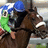 A pixelated image of a horse with a jockey in green and blue silks, alongside green pixelated text on a light background.