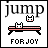 Pixel art icon with 'jump' text above a pink trampoline and 'FOR JOY' below, featuring two white cat-like figures in different positions.