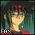 Pixelated anime-style character with dark hair, red headband, green eyes, and red clothing against teal background; text 'FAN' at bottom left.