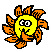 Two side-by-side pixel art frames of a yellow sun-like character with orange rays, showing slight animation changes in facial expression and ray positions against a gray background.
