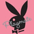 Black bunny head with bow tie on pink background, overlaid with semi-transparent text.