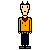 Pixel art character with light skin, black eyes, and a neutral expression wearing an orange shirt, red neckerchief, dark pants, and brown shoes.