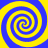 Four blue and yellow spiral patterns arranged in a symmetrical on a solid background