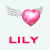 Pixelated pink heart with gray wings and red text 'LILY' below, displayed in a of four states showing horizontal line overlays