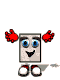 Pixelated cartoon character with blue eyes and a smiling mouth, shown in multiple poses against gray background.