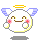 Pixelated white circular character with blue wings, yellow halo, pink cheeks, and brown smile in nine positions showing hand movements and red musical note changes