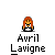 Pixelated avatar of a person with orange hair and black clothing above red star symbols and text reading 'Avril Lavigne' on gray background.