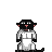 Pixelated character with black head, pink nose and ears, white body, gray accents, standing against solid light gray background.