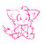 Pink line-art cartoon character with large ears and a tail, shown in multiple poses across a