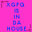 Pixelated blue text on bright pink background with small star icons at corners, repeating 'XGPQ IS IN DA HOUSE.' phrase in