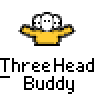 Animated contact sheet of a pixel art character with three white heads wearing a yellow shirt, showing 12 sequential poses against gray background.