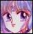 Pixelated close-up of a face with large dark eyes, pinkish skin tones, and a soft purple-pink background.