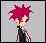 Pixel art character with spiky pink hair, black sleeveless top, and purple arm stripes; another version has green hair with red spikes and a skull shirt.