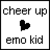 Static pixel art icon with grayscale text 'cheer up' top, black heart symbol center, and 'emo kid' bottom on white background.