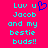 Cyan pixelated text on bright pink background with blue heart symbol, reading "Luv u Jacob and my bestie buds!!" in two identical