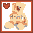 Pixelated teddy bear with brown heart in top-left corner, wearing gray pants, displaying sequential text phrases on its chest.