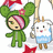 Pixelated character in green hooded outfit with pink hair and red flower, holding a white flag with red star, next to a white creature with blue dress and brown legs.