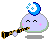 Pixelated character with light purple body, closed eyes, pink cheeks, and blue crescent moon on head plays clarinet with black and gold keys.