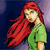 A pixelated figure with long red hair wears a green top against a dark blue and purple gradient background.