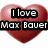 A pixelated image with a red heart, text reading "I love Max Bauer," and a cartoon character with large eyes and red clothing.
