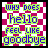 20 identical pixel art icons with red and white checkered backgrounds, each displaying text in green and blue lettering