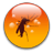Pixelated circular icon with orange-yellow gradient background and dark brown stick figure silhouette in mid-motion, surrounded by white light effects.